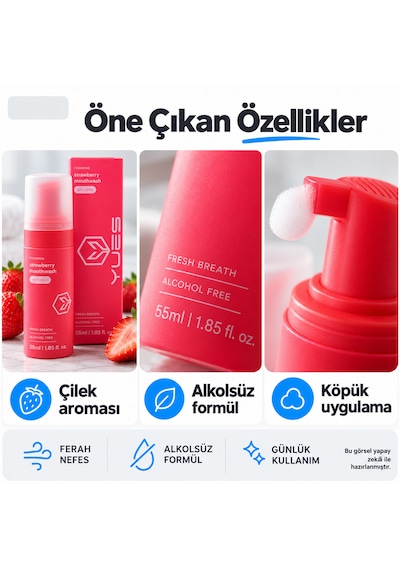 Yues Çilek Aromalı Alkolsüz Köpük Ağız Gargarası 55 Ml