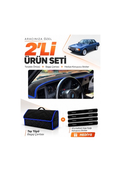 Ford Taunus 1985-1994 Uyumlu Torpido Örtüsü + Tay Tüyü Bagaj Çantası + Sticker Seti - Siyah Mavi