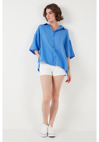 Lela Pamuklu Regular Fit Yırtmaçlı Kısa Kollu Bayan Gömlek Cf25S166965 Saks