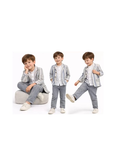 Veraura Lifestyle 1-5 Yaş Müslin Gömlekli Keten 3 Parça Çocuk Takımı Mavi
