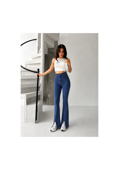 Kene Jeans Mavi Ön Bacak Pens Yırtmaçlı Esnek İspanyol Paça Pantolon Mavi