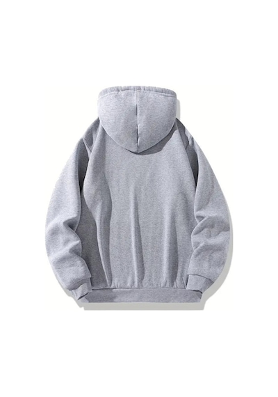 Unisex Gri Kapüşonlu Sweatshirt Modern Kalp Desenli,şardonlu Kalın Kumaş Gri