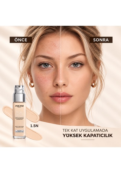 True Match Nemlendirici Likit Fondöten 30 Ml Hyaluronik Asitli, 24 Saat Kalıcı & Terlemeye Dayanıklı Doğal Bitiş 1.5N