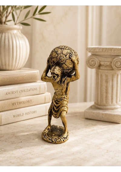 Atlas Heykeli 14 Cm Antik Gold Dekoratif Biblo Mitolojik Ev Dekorasyonu & Masa Üstü Aksesuar