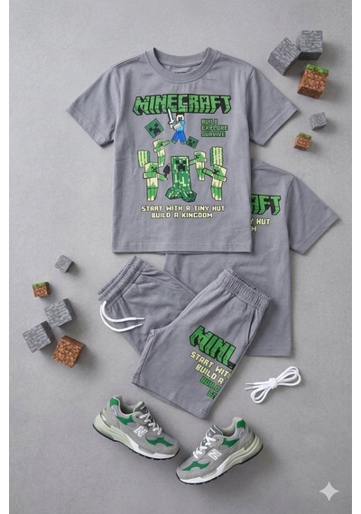 Cg Kids Minecraft Sof Gri Tshirt & Şort Alt Üst Takım Süper Kalite Sırt Baskı Detay