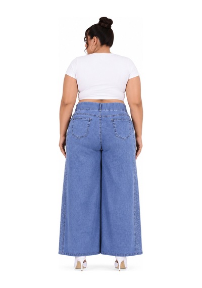 Zanessi Büyük Beden Denim Taşlı Yüksek Bel Geniş Paça Kadın Pantolon Lacivert