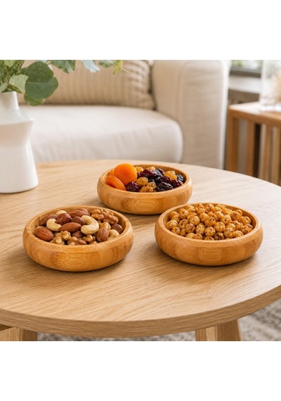 3'lü Bambu Çerezlik Seti 9x9x3 Cm - Yuvarlak Kahvaltılık, Mezelik Ve Sosluk Kase Takımı Diğer