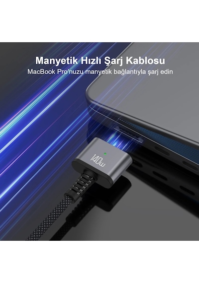 Bix Bxm3c 140w Type-c To Magsafe 3 Macbook Pro Ve Macbook Air 13,14,16, M1 M2 Uyumlu Manyetik Örgülü Şarj Kablosu 2 Metre