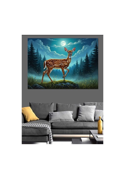 Ormanda Gece Duran Asil Geyik Yağlı Boya Dokulu Kanvas Tablo Canvas Tablosu