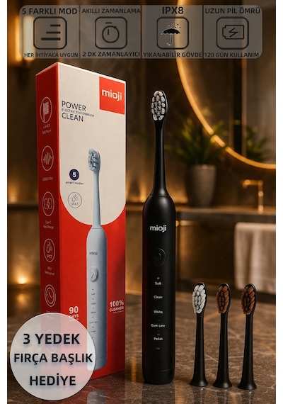 Mioji Oral B1 Şarj Edilebilir IPX8 5 Modlu Diş Fırçası Siyah + 3 Yedek Başlık
