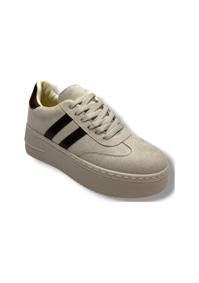 Şanzelize K1-26 Süet Deri Yüksek Anatomik Taban Bağcıklı Kadın Sneaker Bej Kahve Bej