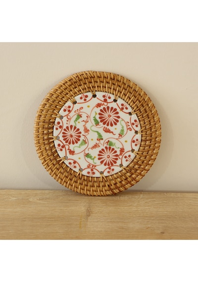 Rattan Çerçeveli 14 Cm. Kırmızı Üçlü Çiçek Desenli Dekoratif Obje Diğer