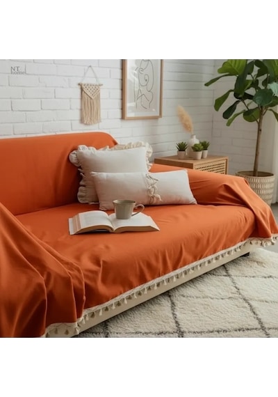 Premium Keten Tarçın Kahverengi Ponponlu Koltuk Örtüsü 170 X 220