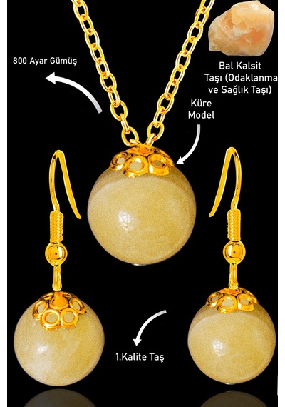 Sertifikalı Gold Küre Model Bal Kalsit Taşı Kolye Ve Küpe Seti - Çok Renkli
