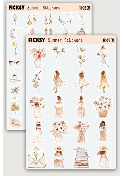Boho Yaz Modası Sticker Seti Sahil Temalı - 60 Adet Etiket Çıkartma Diğer