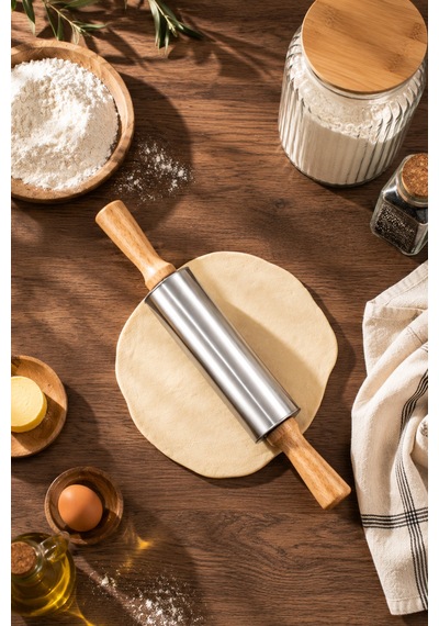 Porsima Mnb05771 Ahşap Saplı Paslanmaz Çelik Merdana Oklava Hamur Pizza Börek Açma Oklava 33cm