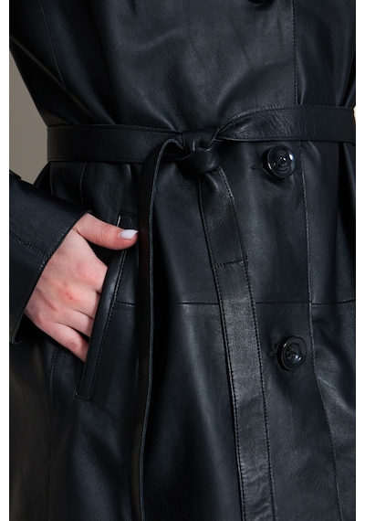 M M Marki Marki Kadın Hakiki Deri Trençkot Siyah, V Yaka, Kuşaklı, Düğme Kapamalı, Oversize, 90 Cm - 117122