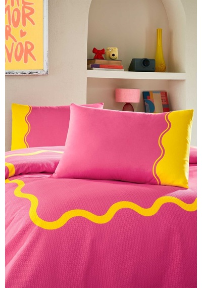 Neon Wave Çift Kişilik Lastikli Çarşaf Pike Takımı Pembe