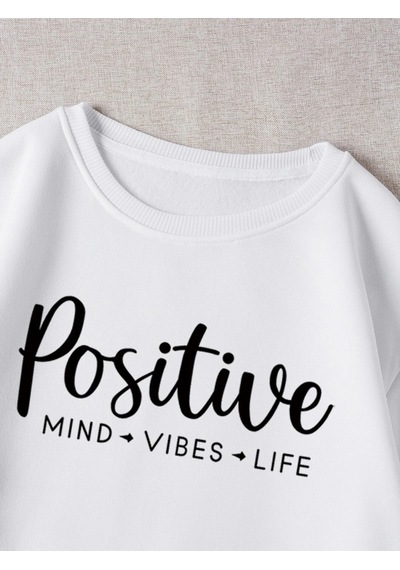 Startmore Kadın Positive Renkli Oversize Bisiklet Yaka Pamuklu Sweatshirt Beyaz Beyaz