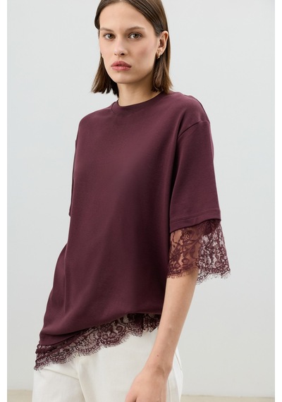 Antioch Dantel Detaylı Kadın T-shirt Bordo