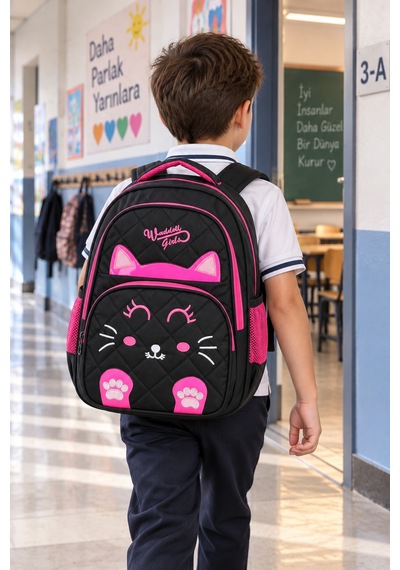 Nakışlı Kedi Siyah Pembe İlkokul Çantası Suya Dayanıklı Ortopedik Sırt Çantası 40x30x18 Cm Çok Renkli