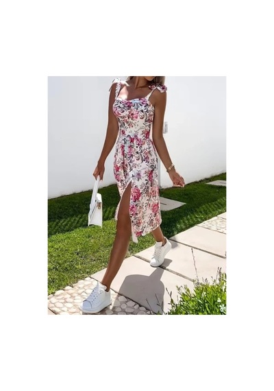 Butik İstanbul Kadın Askılı Kalp Yakalı Yandan Yırtmaçlı Midi Süprem Elbise Pembe