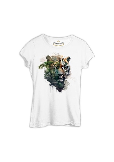 Tiger Head With Jungle Exposure Beyaz Kadın Tshirt 001