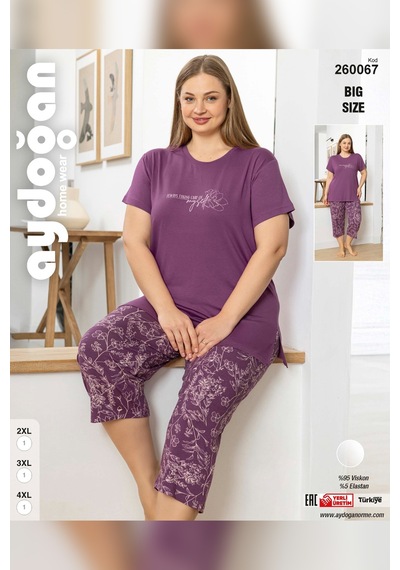 Aydoğan Kadın İnci Büyük Beden Menekşe Kapri Pijama Takım 0067 Mor