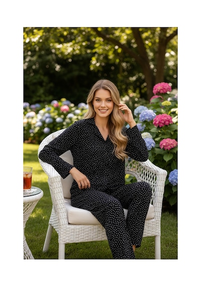 Rindahomewear Kadın Siyah Puantiye Deseli Yumuşak Dokulu Süet Düğmeli Pijama Takımı Siyah Beyaz Puantiye