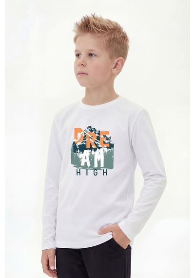 Panios Kids Yuvarlak Yaka Uzun Kollu Baskı Detaylı Erkek Çocuk Sweatshirt Beyaz