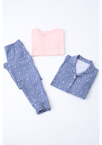 Nicoletta Kadın Pijama Uzun Kollu Düğmeli Pijama Takımı Cepli Pamuk 3 Lü Takım Kısa Kollu Indıgo İndigo