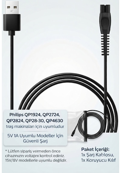 My Polo Tıme Philips Uyumlu Oneblade & Multigroom Usb Şarj Kablosu - Qp1924 Qp2724 Qp2824 Qp4530 Qp4631 Mg5910