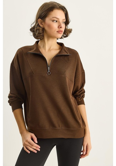 Shade Kadın Dik Yaka Yarım Fermuarlı Cep Detaylı Oversize Modal Sweatshirt 60601053 - Acı Kahve Çok Renkli