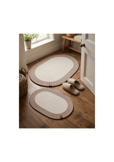 Oval Örgü Desenli 2'li Hasır Bej Dekoratif Paspas Set 40x60 / 50x80 Bej Bej