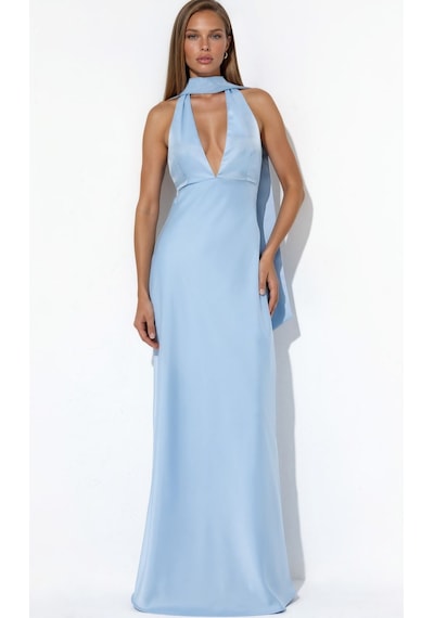 Hiccup V Yaka Bodycon Maxi Elbise Buz Mavisi
