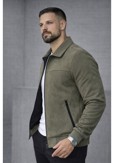 Baselco Basic Slim Fit Polo Yaka Süet Ceket Haki