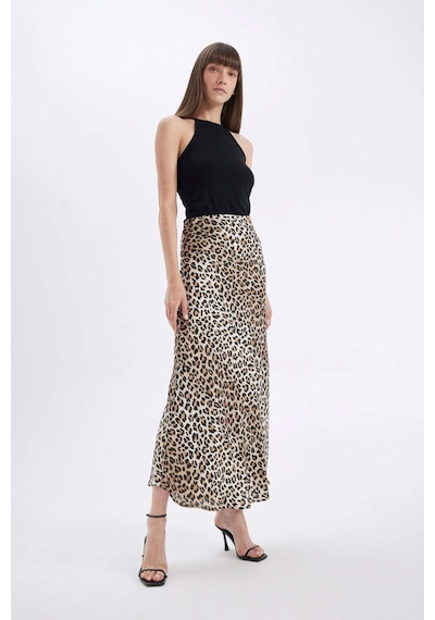 Defacto Straight Fit Normal Bel Leopar Desenli Saten Maxi Etek D6886axnser103 Ekru
