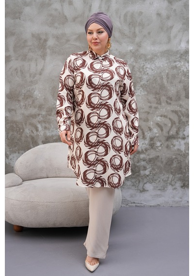 Polologin Butik Daire Desenli Kahverengi Krem Tunik Çok Renkli