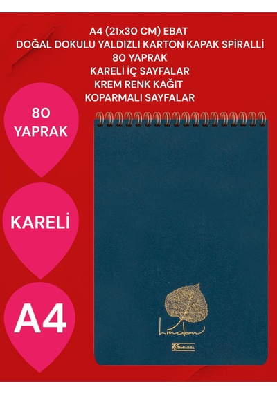 Kareli A4 21x30 Cm 80 Yaprak Karton Kapak Spiralli Krem Renk Sayfalar Üstten Açılır Linden Mavi