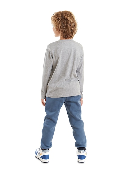 Erkek Çocuk Kışlık İnşaat Araçları Desenli Mavi Uzun Kollu 2 Parça T-Shirt Pantolon Takımı 2-8 Yaş