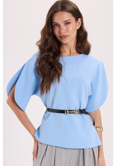 Tudors Kadın Slim Fit Dar Kesim Kol Detaylı İnce Kemerli Fermuarlı Mavi Bluz-51170
