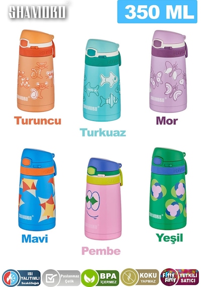 Shamobo Çocuk 350 Ml Pipetli Paslanmaz Çelik Termos Bpa İçermez 7 Renk Açık Yeşil