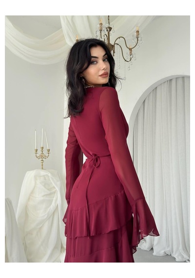 Nils Butik Katlı Şifon Detaylı Uzun Abiye Elbise Bordo