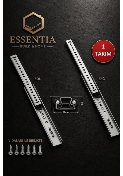 31 Cm Gömme Teleskopik Bilyalı Çekmece Rayı 27mm Krom