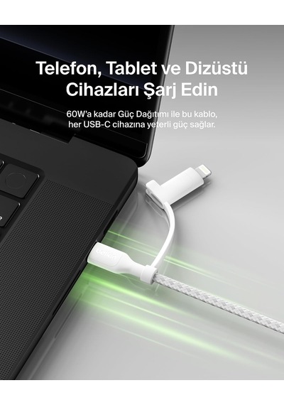 2-in-1 Charging Cable With Usb-c & Lightning Connector - Braided Fast-charging Cable, Usb-c To Usb-c & Lightning Charger Cord, Multi-charging Combo For Apple İphone, İpad, Samsung, More - White 2-in-1 Charging Cable With Usb-c & Lightning Connector - Braided Fast-charging Cable, Usb-c To Usb-c & Lightning Charger Cord, Multi-charging Combo For Apple İphone, İpad, Samsung, More - White