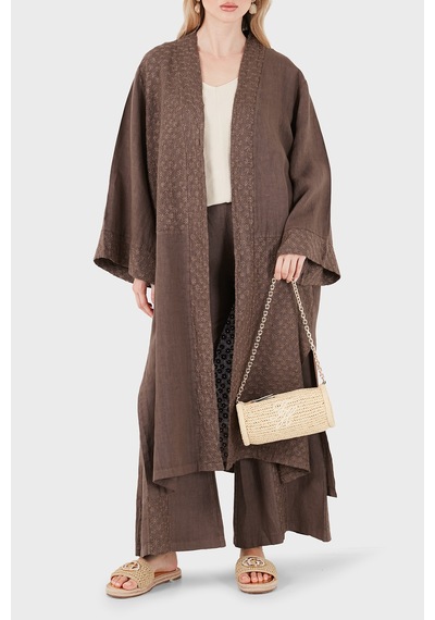 Via Dante % 100 Keten Brode İşlemeli Kimono Bayan Kimono 69912196 Kahve