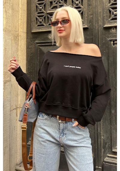 Siyah Kayık Yaka Baskılı Kadın Sweatshirt Mg2205