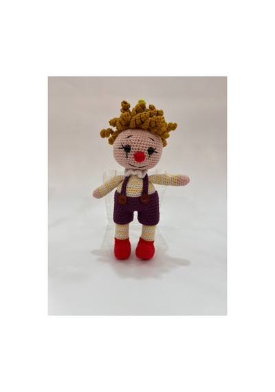 El Yapımı Organik Pamuk Amigurumi Palyaço Bebek 27 Cm Mor