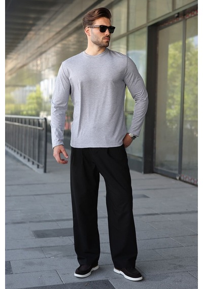 Madmext Grimelanj Pamuklu Slim Fit Erkek Tişört E7187 Gri Melanj