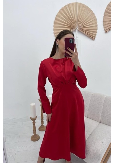 De'charme Kırmızı Saten Uzun Elbise